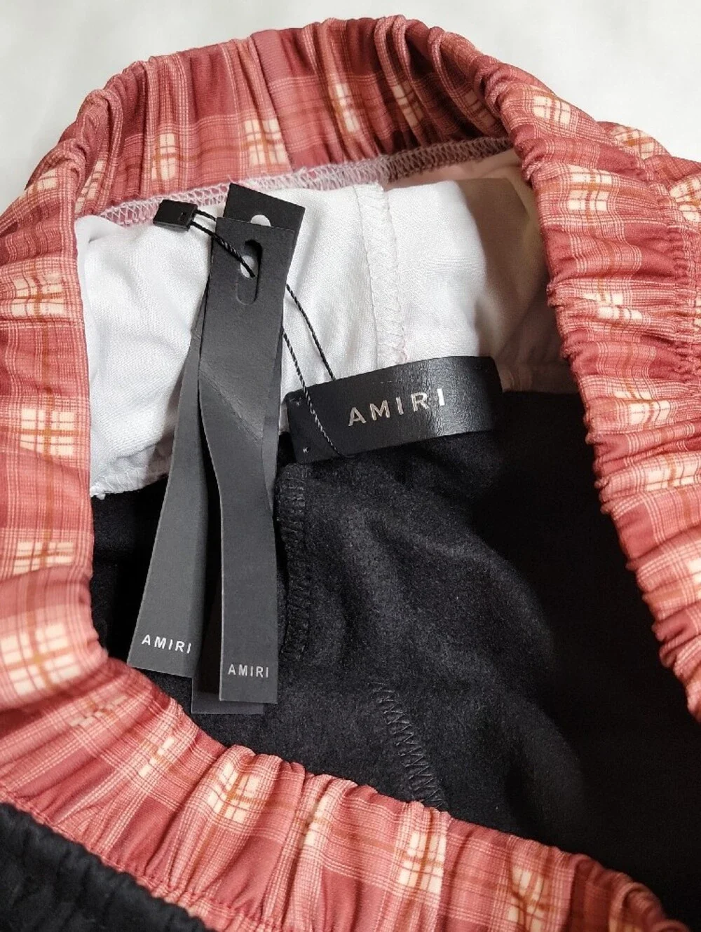 AMIRI Black Cargo Shorts with Red Plaid Double Layer